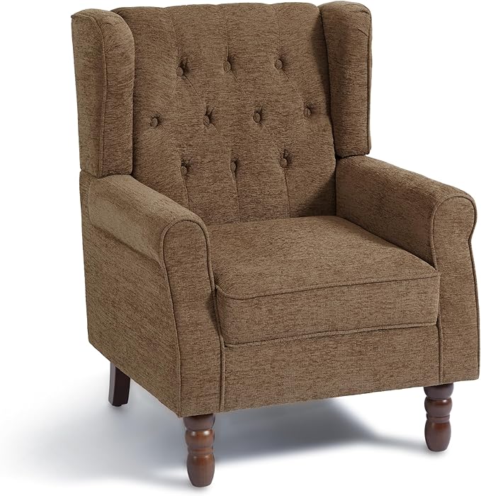 DREAMSIDEA Accent Chair, Upholstered Armchair with Button Tufted High Back & Solid Wood Legs, Comfy Wingback Reading Single Sofa Chair for Small Spaces, Living Room, Bedroom (Brown, Set of 2)