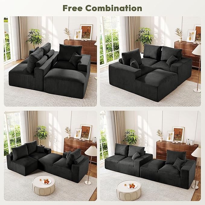 WESTSETLUX 108” Cloud Sectional Sofa Couch with High-Seat, Corduroy Modular Sofa with Oversized Chaise, High-Back Modern L-Shaped Couches for Living Room, No Assembly Required (Black)
