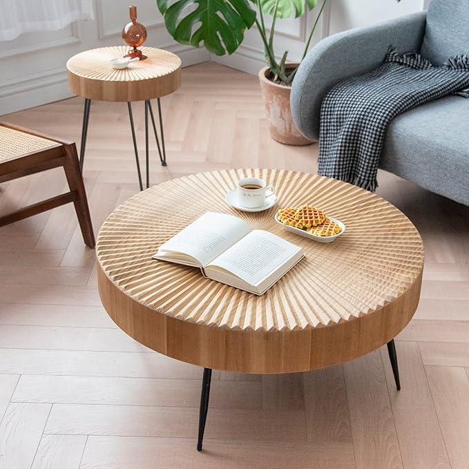 LONYKE 2-Piece Farmhouse Nesting Table Round with Handcrafted Wood Radial Pattern, Modern Coffee Table Set for Living Room