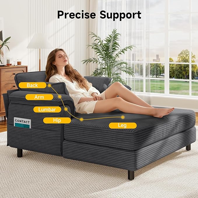 Winlice 58'' Chaise Lounge Chair Indoor, Oversized Corduroy Wooden and Iron Frame Sofa Bed, Comfy Upholstered Lounge Sleeper Couch with 4 Storage Pockets for Living Room, Sunroom, Study, Dark Gray