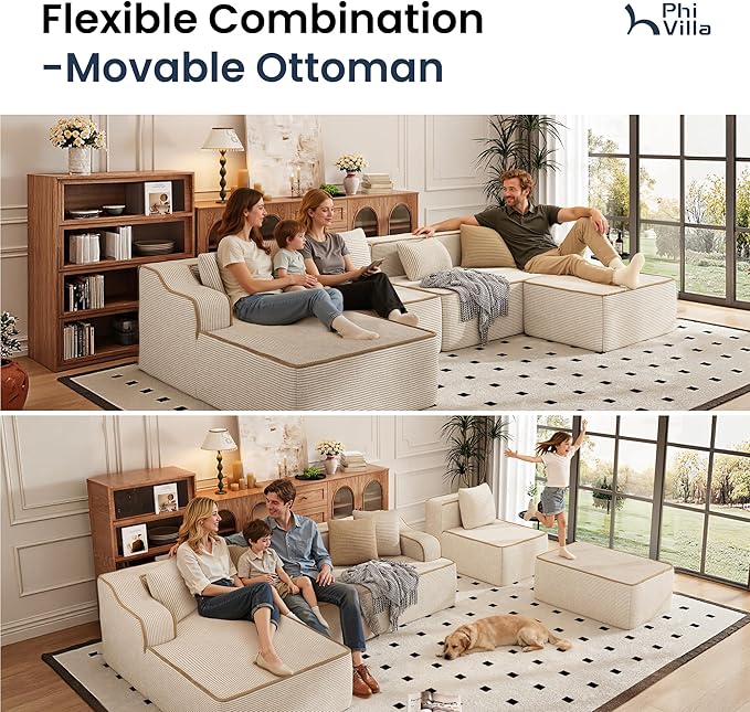 PHI VILLA Cloud Modular Couch, Boneless Sectional Sofa with U-Shaped Chaise, 6-Seater Couches with Movable Ottoman for Living Room, No Assembly Required, Corduroy, Beige