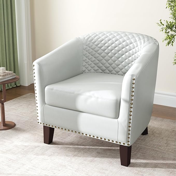 DREAMSIDEA Accent Barrel Chair, Upholstered Faux Leather Club Chair with Nailed Trim, Comfy Reading Armchair for Living Room Bedroom Reception Room Office (White, Set of 1)