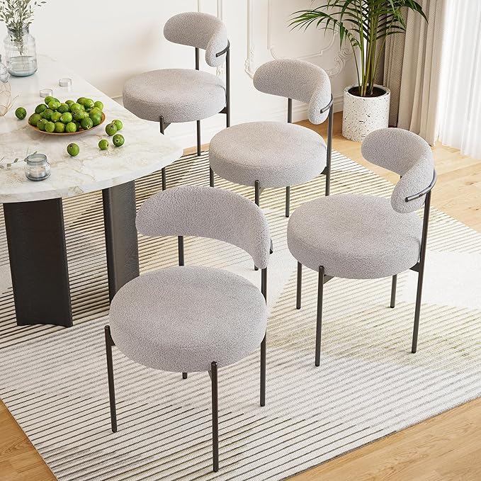 Farini Dining Chairs Set of 4,Mid-Century Modern Kitchen Chair Curved Backrest Round Upholstered Sherpa Dining Chairs with Metal Legs,Grey