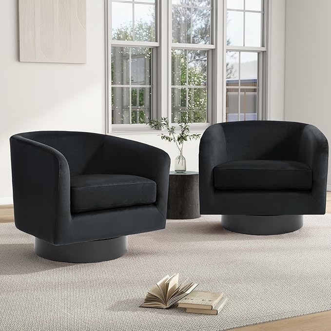 Swivel Barrel Chair, Modern Round PU Leather Accent Armchair for Living Room, Bedroom, Oversized Comfy Club Reading Chairs for Adults (Velvet Black, Set of 2)