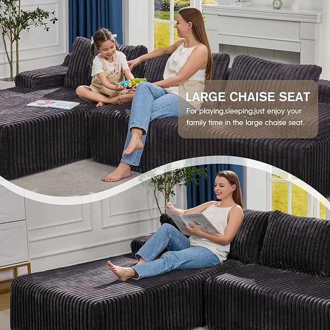 Modular Sectional Sofa Couches L-Shape Couch 3 Seat Modular Sofa Memory Foam Sectional Couches for Living Room, Cloud Couch with Oversized Chaise (Grey Stripe, 108" Left Facing Chaise)