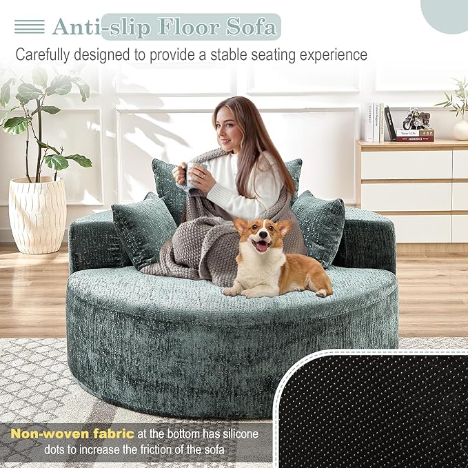 Oversized Round Chaise Longue Chair Indoor, Modern 55-inch Upholstered Chenille Deep Seat Circle Single Cloud Lounge Floor Sofa Chair for Living Room, Bedroom Apartment, Green