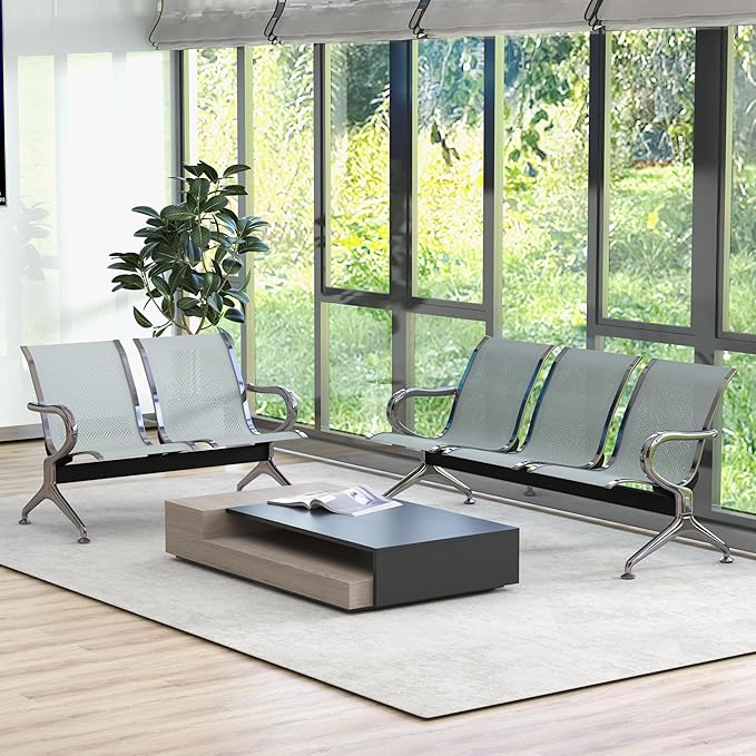Kinsuite 5-Seat Reception Chair - 2pcs Waiting Room Chairs with Arms & Stainless Steel Frame, Waiting Room Bench, Lobby Chairs for Office Airport Bank Hospital, Silver