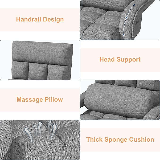 Floor Gaming Chair with 6 Adjustable Position, Foldable Lazy Sofa Chair with Armrest for Adult, Comfy Chaise Lounge Indoor, Breathable Floor Bed Sleeper for Bedroom, Yoga, Dorm