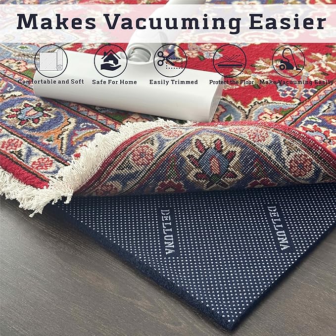 DELLUNA Non-Slip Area Rug Pad 1/4" Thick Double Side Rubber + Felt, 4'x6' Premium Deluxe Cushioned- Safe for All Floors, Adds Comfort and Protection, Ultra Strong Grip, Stop Rug from Moving.