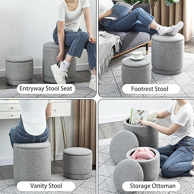 Homebeez Round Storage Ottoman Set of 2, Linen Cotton Fabric Stool with Removable Lid, Multifunctional Foot Rest Pouf for Living Room, Bedroom, Dorm, Supports 300 lbs, Gray