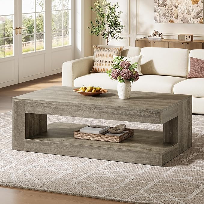 Tribesigns Coffee Table for Living Room, 47.24 Inch Farmhouse 2-Tier Accent Center Tea Cocktail Table with Storage, Elegant Grey, Rectangular