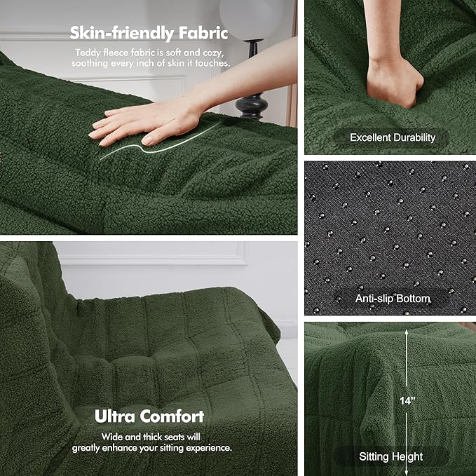 Bean Bag Loveseat Chair Big Sofa Beanbag Chair for Adults Fireside Chair Bean Bag Lounger with Memory Foam Filled for Home,Apartment or Gaming Venue（Green Teddy）