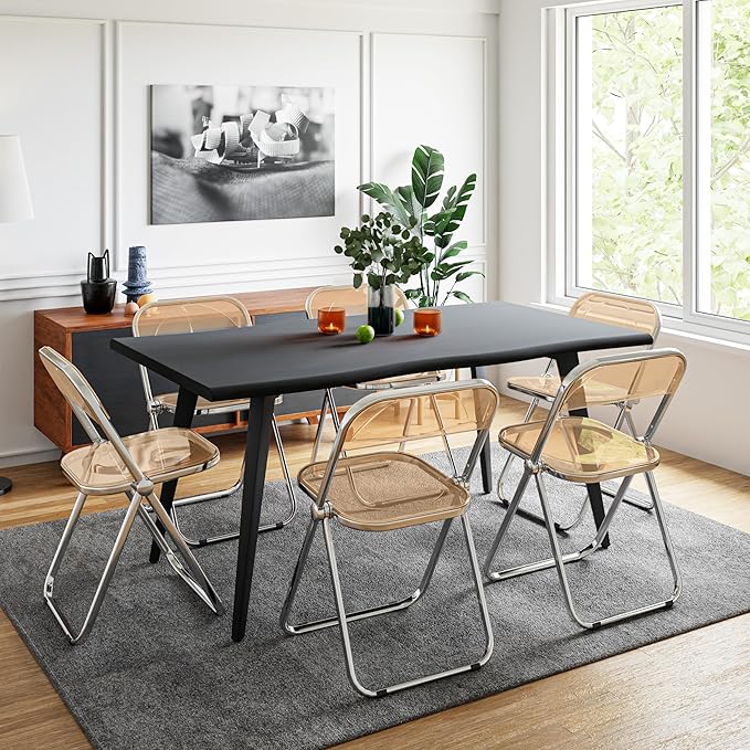 LeisureMod Lawrence Modern Clear Acrylic Folding Chair with Metal Frame, Space-Saving Transparent Seating for Dining Room, Home Office, Bedroom, Vanity or Small Spaces, (Tangerine, Set of 4)