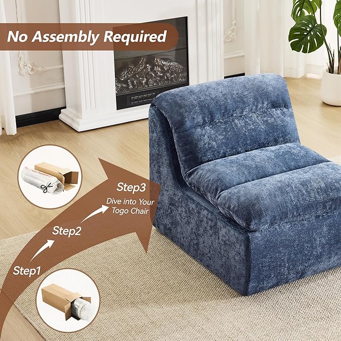 WUTUTUEE Boneless Chair, Double-Layer Armless Floor Sofa with High Density Memory Foam, No Assembly Togo Sofa, Chenille Bean Bag Chairs for Living Room, Bedroom, Comfy Cloud Chair (Navy)