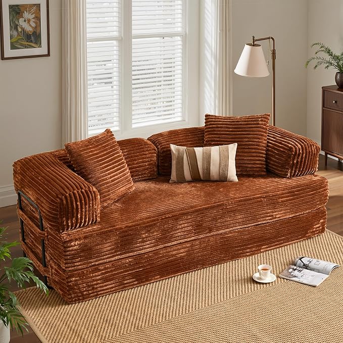 ovios 81" Folding Sofa Bed, Foldable Sleeper Boneless Couch with Pull Out Beds, Modular Convertible Floor Futon Loveseat Lounger for Living Room (Faux Fur, Brown)