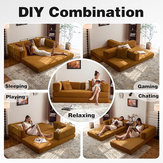 LIAROO 78.8" Convertible Sofa Bed - Compression Sofa with Corduroy Fabric - with Armrests and Backrest - Modular Sectional for Living Room, Bedroom, Studio - Compression Sofa in Box (Yellow)