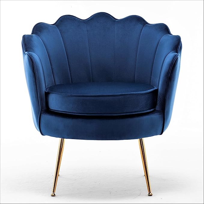 Container Furniture Direct Velvet Barrel Accent Chair with Scalloped Silhouette and Gold Metal Legs, Decorative Piece Suitable for Traditional, Modern, and Contemporary Spaces, Navy Blue