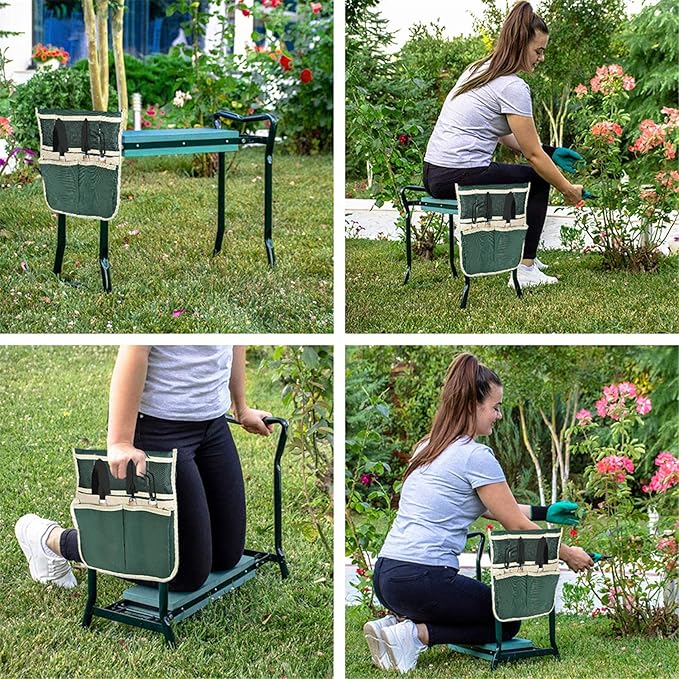 TINVHY Foldable Garden Kneeler and Seat Heavy Duty Gardening Bench Soft Cushion Seat with Tool Pouch and Kneeling Pad