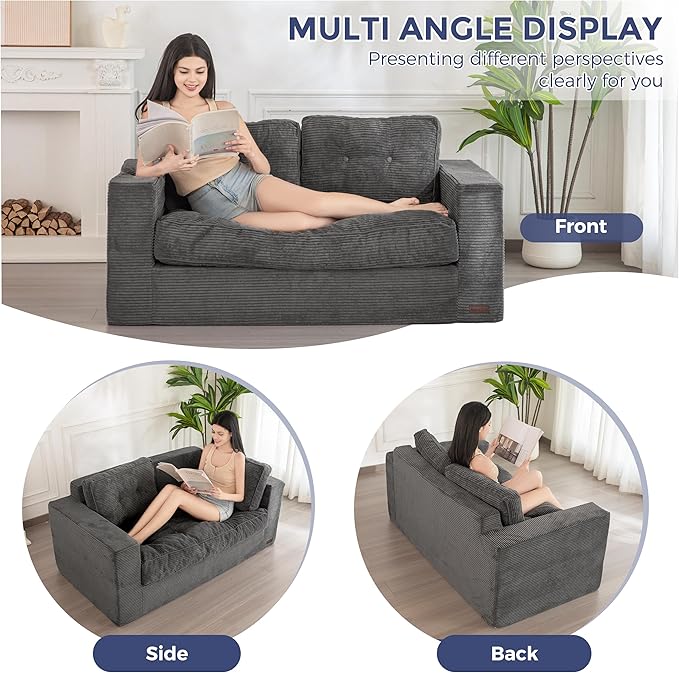 MAXYOYO Bean Bag Chair for Adults, Upholstered Floor Sofa with Armrests, Loveseat Boneless Couch with Tufted Cushion & Backrest, Sofa in A Box, Large Bean Bag Couch for Bedroom Living Room, Dark Gray