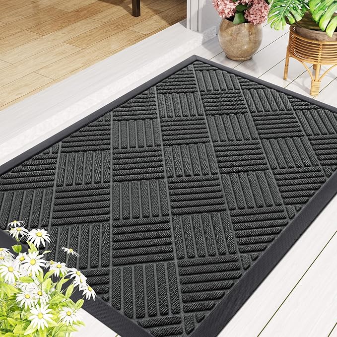 Smiry Front Door Mat Outside Entrance, Heavy Duty Outdoor Indoor Natural Rubber Doormat, Non Slip, Trap Dirt and Moisture, Easy Clean, Low Profile Patio Porch Entryway Mat, 59x20, Black