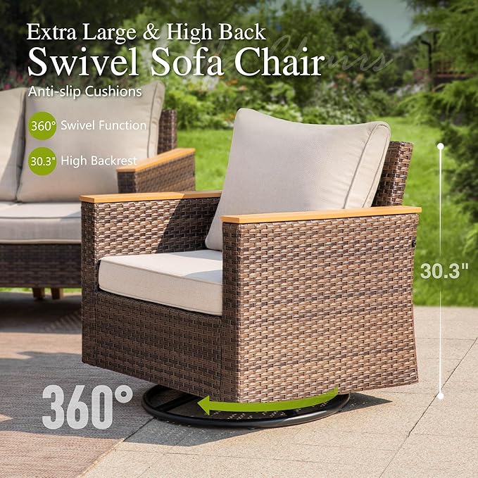 Sophia & William Patio Furniture Set with Fire Pit Table & Swivel Chairs, 9 Piece Outdoor Sectional Furniture Wicker Modular Sofa Couch, Conversation Set for Deck Backyard Lawn, Beige