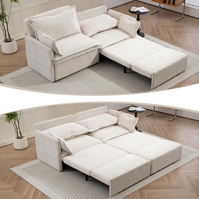 GRAINLLE King Size Pull Out Couch,3-in-1 Corduroy Sleeper Sofa with Pull Out Sofa Bed,USB & Side Storage,Convertible Loveseat Sleeper Couch for Living Room, Bedroom, pet-Friendly(Beige, 73.6'')