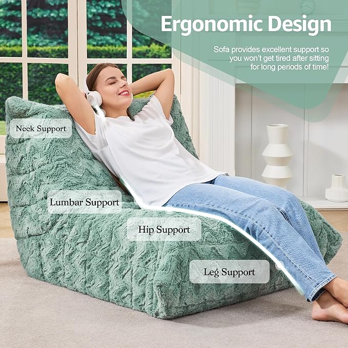 Bean Bag Chairs for Adults Giant Bean Bag Chair Memory Foam BeanBag Chair Bean Bag Sofa with Filler Faux Fur Fireside Beanbags Lazy Sofa for Living Room Bedroom Office (Green Chevron, Single)
