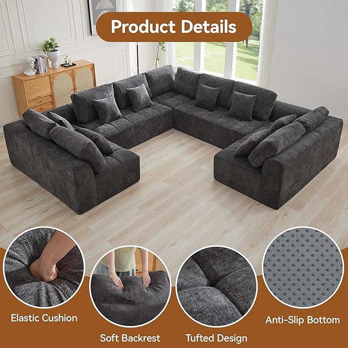 140'' Boneless Modular Couches for Living Room, Compressed Cloud Sectional Modern Sofa, U Shaped 9 Seater Upholstered Memory Foam Oversized Sofa, No Assembly, Chenille Beige