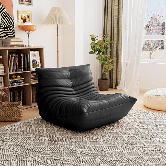 High-end Bean Bag Chair, Fireside Togo Chair with Black Faux Leather Cover, Comfy & Soft Lazy Floor Lounge Sofa for Bedroom, Living Room, Office or Lounger