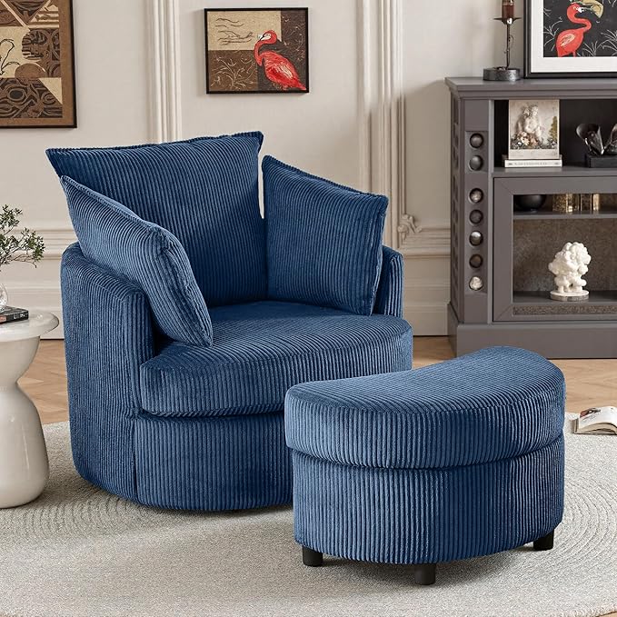 Chorlenimi Swivel Accent Chair Round Barrel Armchair Upholstered Living Room Chair Corduroy Reading Chair Single Sofa Chair for Bedroom Apartment Office (Blue, Upgrade 1Seater+ Ottoman)