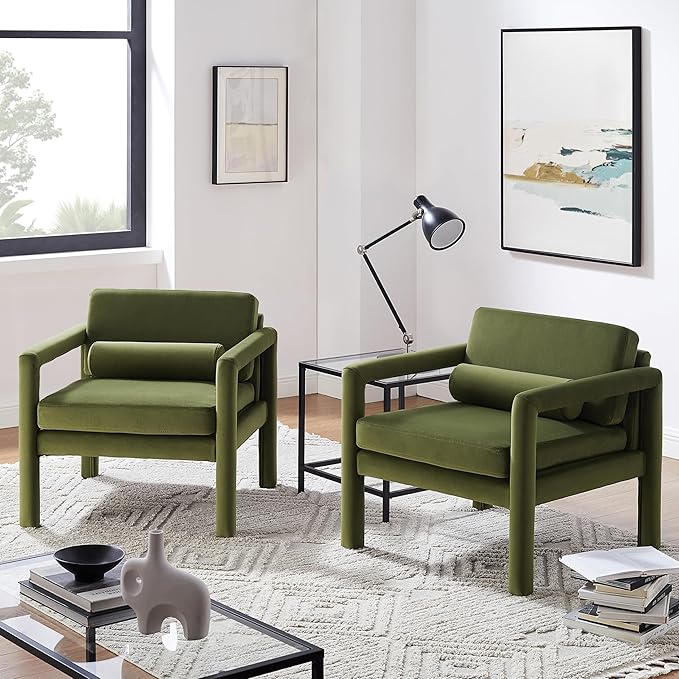 Art Leon Accent Chairs Set of 2, Modern Velvet Upholstered Arm Chairs, Sofa Chairs Lounge Chairs with Pillow for Living Room Bedroom, Green