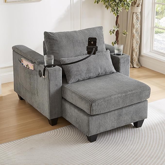 Merax Modern Upholstered Indoor Chaise Lounge with Pillows, Charge Station & Cup Holders, Single Sofa Couch with Armrest and Soild Legs, Easy Assemble Gray