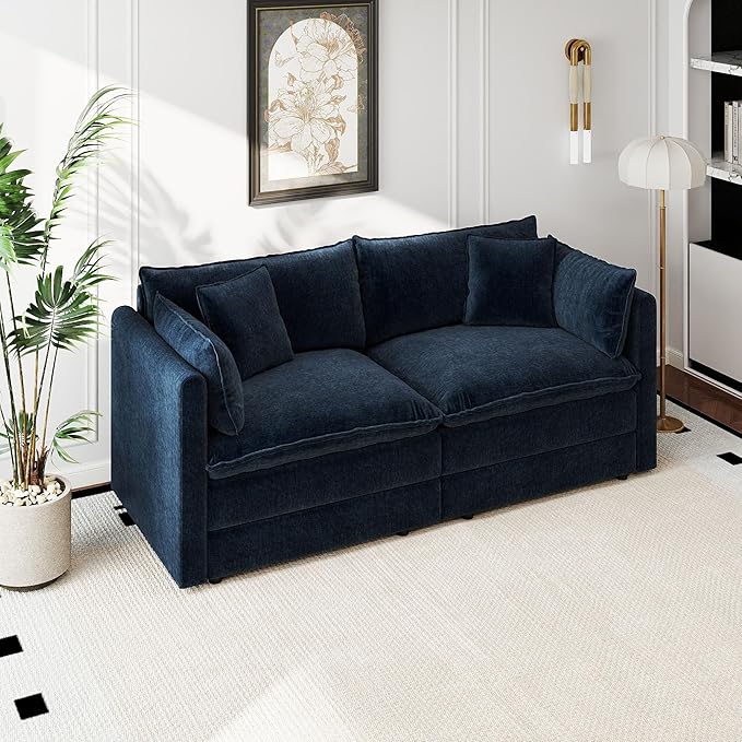 Aoowow Modular Sectional Sofa Modern Convertible Loveseat Couch,77.16 Inch Deep 2-Seater Sofas Comfy Chenille Cloud Sofas and Couches with Pillows for Living Room Apartment（Blue）