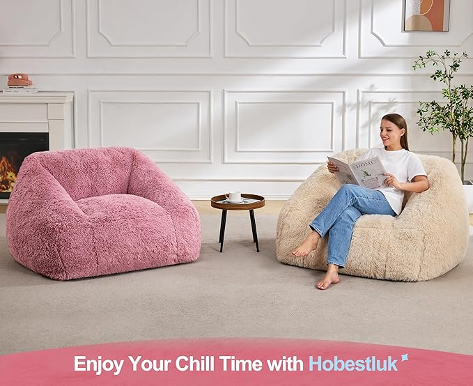 Hobestluk Bean Bag Chairs for Adults Giant Bean Bag Chair with Memory Foam Filling, Adult Beanbag for Bedroom, Living Room (Pink Plush)
