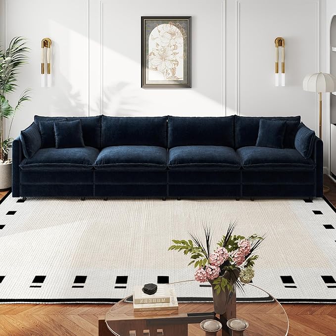 Aoowow Modular Sectional Sofa,147.2 Inch Deep 4-Seater Sofas Comfy Chenille Cloud Sofas and Couches with Pillows for Living Room Apartment（Blue）