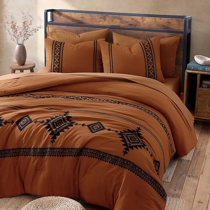 MaiRêve Embroidery Comforter Set, Boho Farmhouse Western Bedding Set, All Season Bed in A Bag Comforter Set with Sheets, Pillowcases & Shams, Burnt Orange California King 7 Pieces
