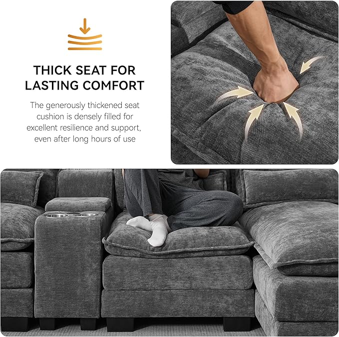 125'' U Shaped Cloud Modular Sofa, Chenille Upholstered Comfy Sectional Couch with Storage Console, USB Charging Ports & Cup Holders, Modern Deep Seat Sofa for Living Room, Grey