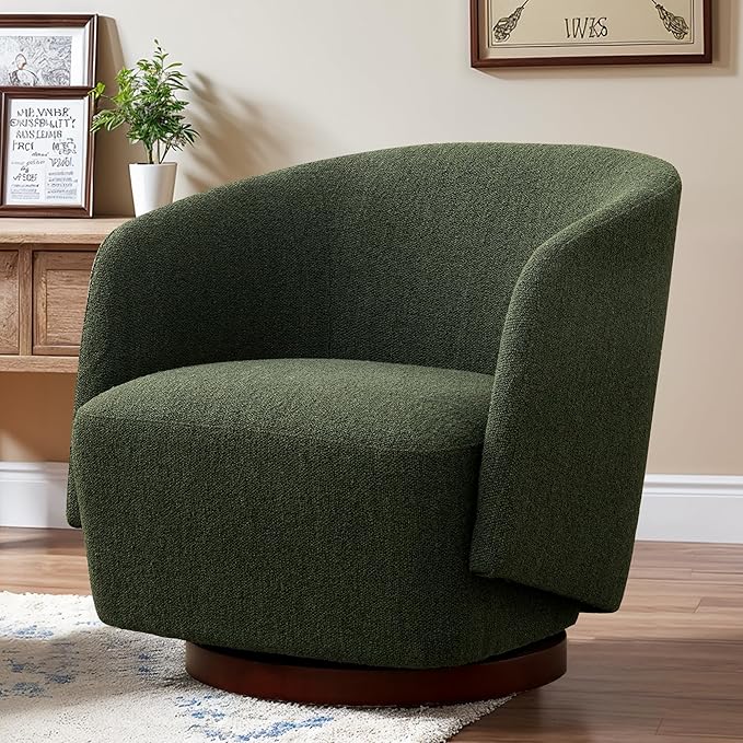 Boucle Swivel Accent Chair, No Assembly Upholstered Armchair with Rubberwood Base, 360° Rotating Barrel Chair for Living Room, Bedroom, Apartment & Reading Nook (1, Green)