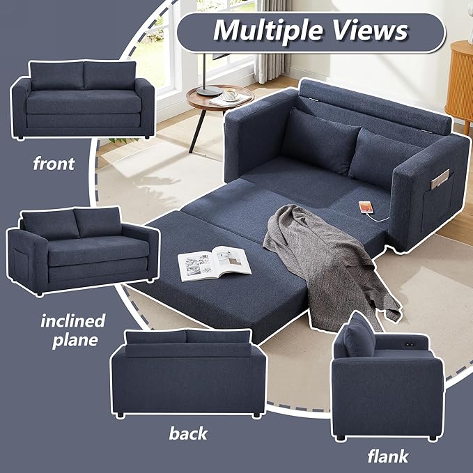 Chorlenimi Convertible Sofa Bed Comfy Linen Sleeper Sofa with Storage Pockets,USB Charging Port,Futon Floor Couch for Living Room,Bedroom,Apartment (Blue, 48 Inches)