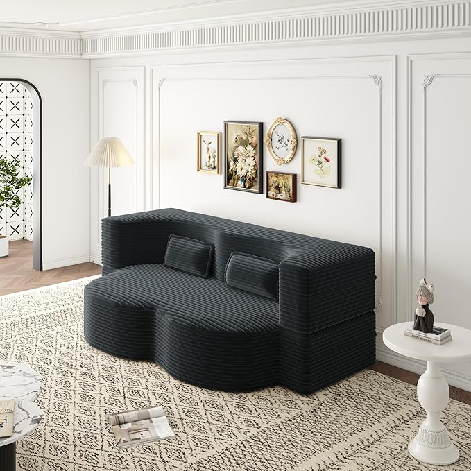 No Assembly Required Modern Floor Sofa, Convertible Plush Corduroy Sleeper Sofa Bed with 2 Pillows, Full Size Folding Mattress for Living Room and Guest Bed, Dark Grey