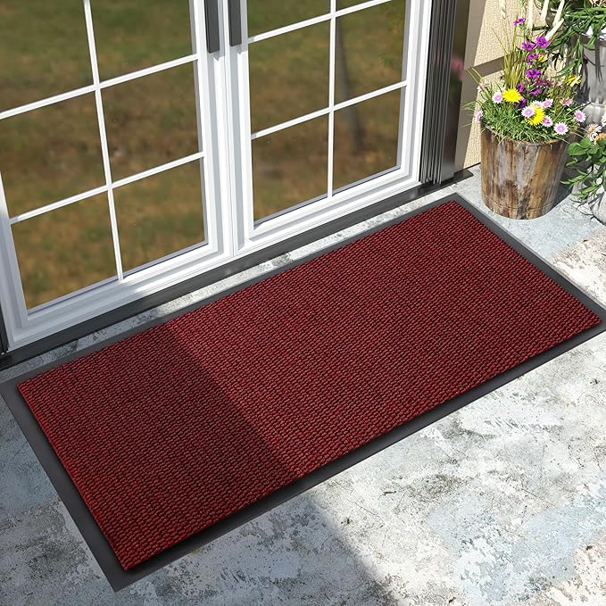 Yimobra Doormat Outdoor Indoor Entrance 47 x 24, All-Season All-Weather Front Door Mat, 100% Waterproof Welcome Matt for Floor Garage Outside Entry, Stain and Fade Resistant,Black Red