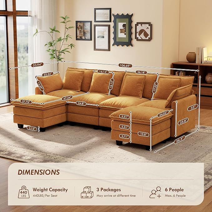 Ihanherry U Shaped Modular Sectional Cloud Sofa, 106" Modern 6 Seat Chenille Couch with Ottoman for Living Room, Bedroom and Apartment, Orange