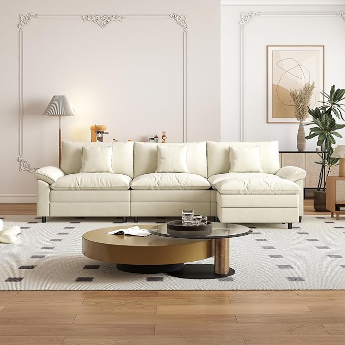 Aoowow Modular Sectional Sofa Modern Convertible L Shaped Couch,118.9 Inch Deep 3-Seater Sofas Set Comfy Chenille Cloud Sofas and Couches with Movable Ottoman for Living Room Apartment(Beige)