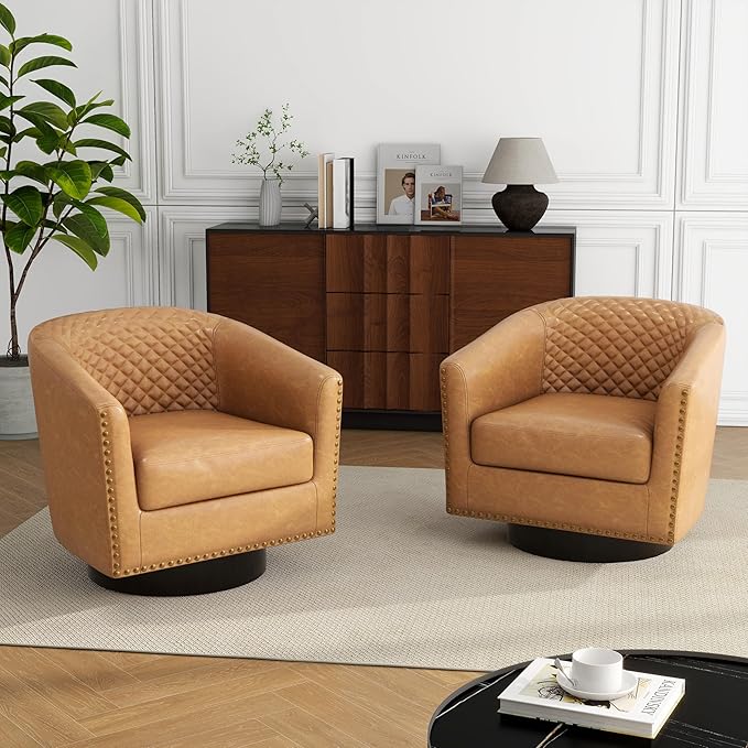 DREAMSIDEA Swivel Barrel Accent Chair, Comfy Modern Upholstered Round Faux Leather Arm Chair for Living Room, Bedroom（Coffee, Set of 1