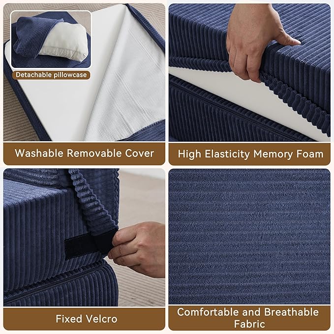 Folding Sofa Bed Convertible Floor Couch Foldable Chair Bed with Pillow，Linen Sleeper Chair Futon,Foldable Memory Foam Mattress for Bedroom/Living Room/Dorm/Office (Corduroy Navy, Single)