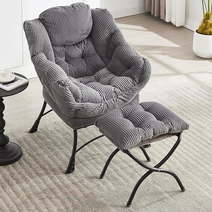 KEIKI Accent Chair with Storage & Ottoman, Flannelette Reading Corner Lazy Chairs w/Steel Frame, Comfy Lounge Arm Chair W/Footrest, Leisure Sofa Armchair for Living Room, Bedroom, Easy Assembly, Grey