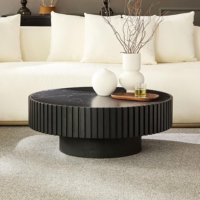 35.43''/90CM Modern Drum Coffee Table, Luxury Circle Wood Coffee Table for Apartment,Small Space (Black, Ø35.43 x 13.77 Sintered Stone Tabletop)