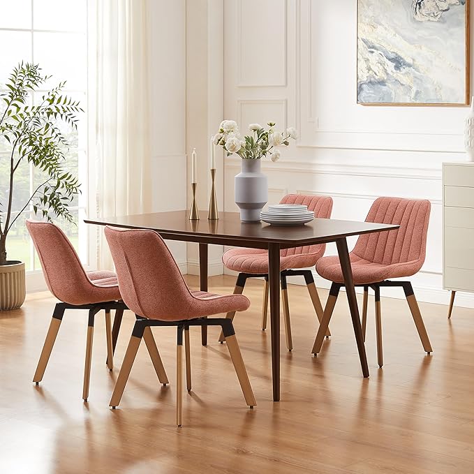 Art Leon Dining Chairs Set of 4, Mid Century Modern Swivel Dining Room Chairs, Fabric Upholstered Armless Side Chairs with Wood Legs for Kitchen Living Room Bedroom, Rose