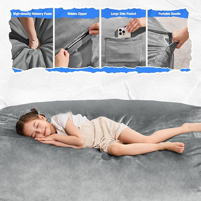 Hobestluk 3FT Bean Bag Chair Large Beanbag with Removable Cover Adult Bean Bag Chair with Portable Handle Desgin for Living Room Bedroom (Grey, 3FT)