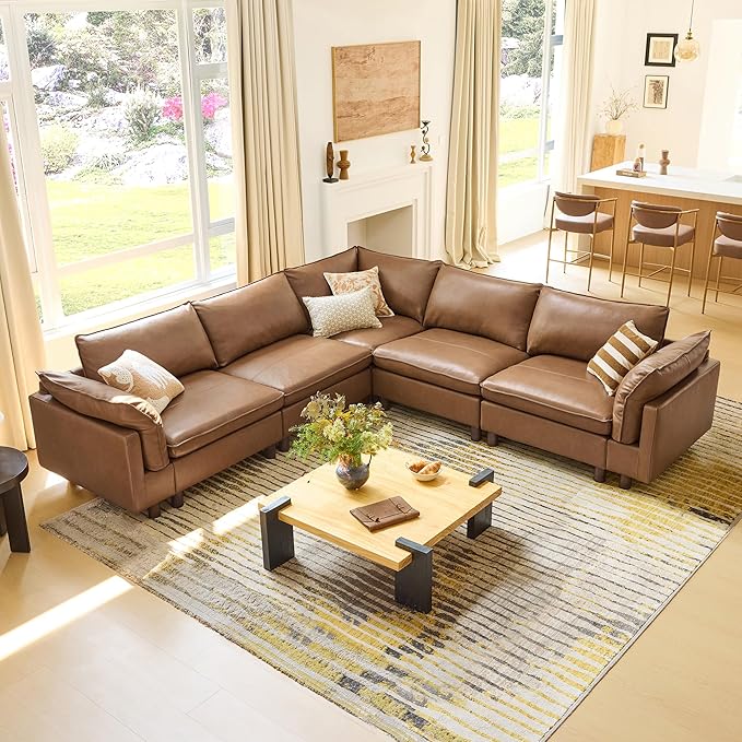 CHITA 161" Super Large Sectional Couches for Living Room, Modular Cloud Couch Sectional Sofa, Premium Genuine Leather Sofa, Down Filled, High Density Foam, Real Leather in Saddle, 6 Seat U Shaped